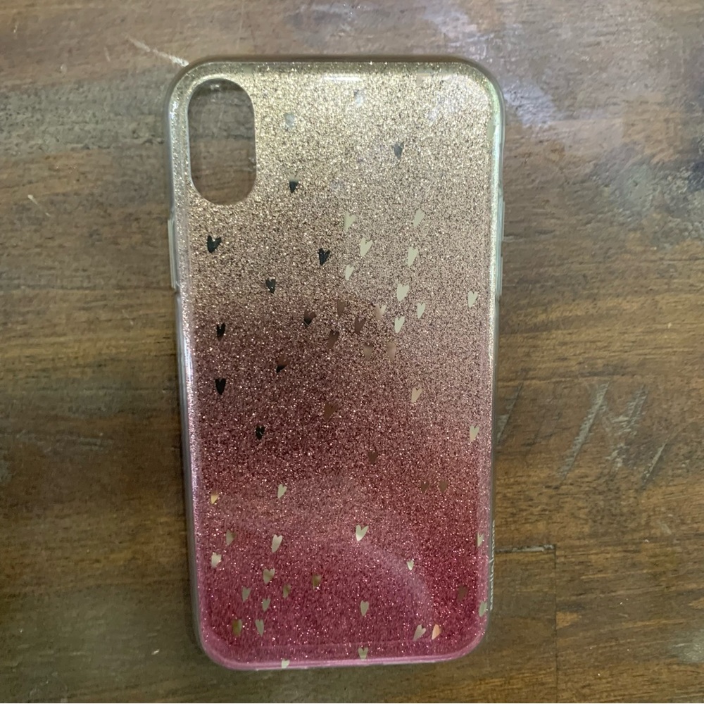 Nanette Lepore iPhone XR ombré pink and gold glitter hearts cell phone case